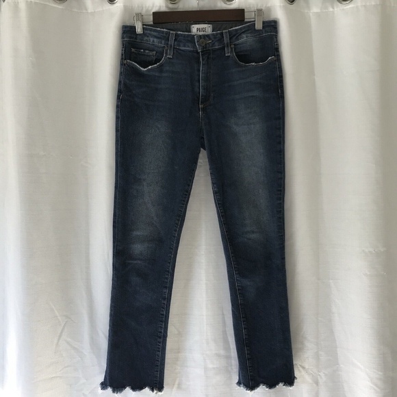 Paige Jacqueline Straight Jeans Womens 28 Blue Stretch 27" Inseam Frayed Hem - Picture 2 of 14